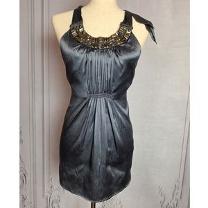 100% Stretch Silk Beaded Halter Top Pewter Dark Gray Caché